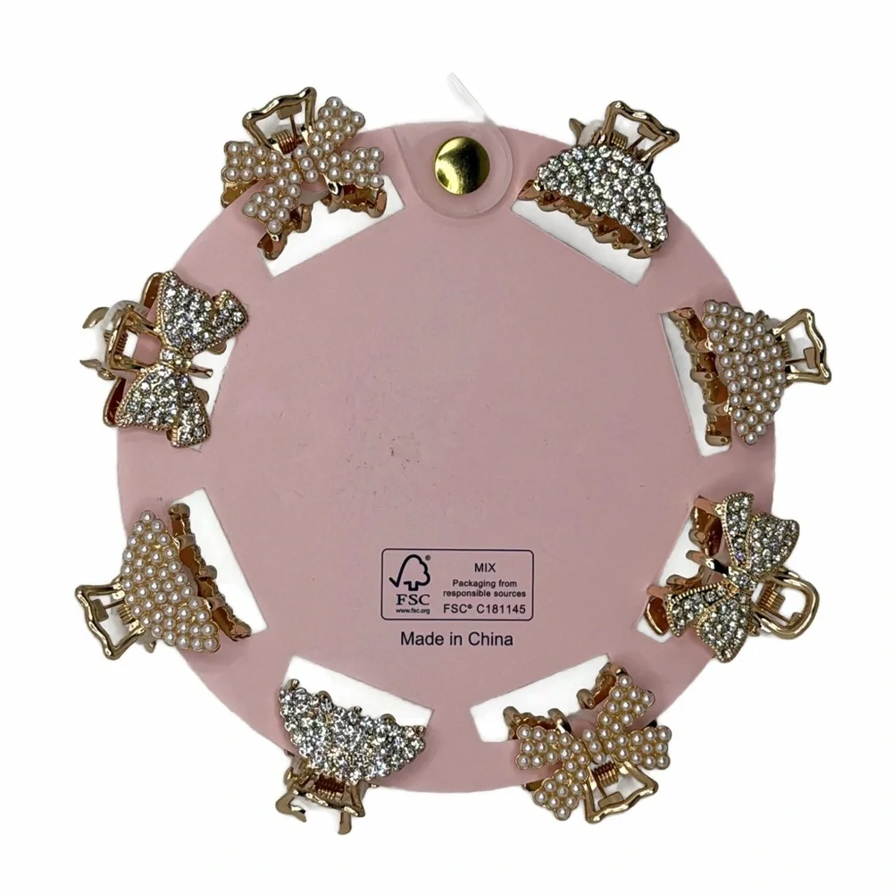 Piper K Gold Tone faux Pearl Silver Rhinestones Mini Hair Claw Clips Set of 8